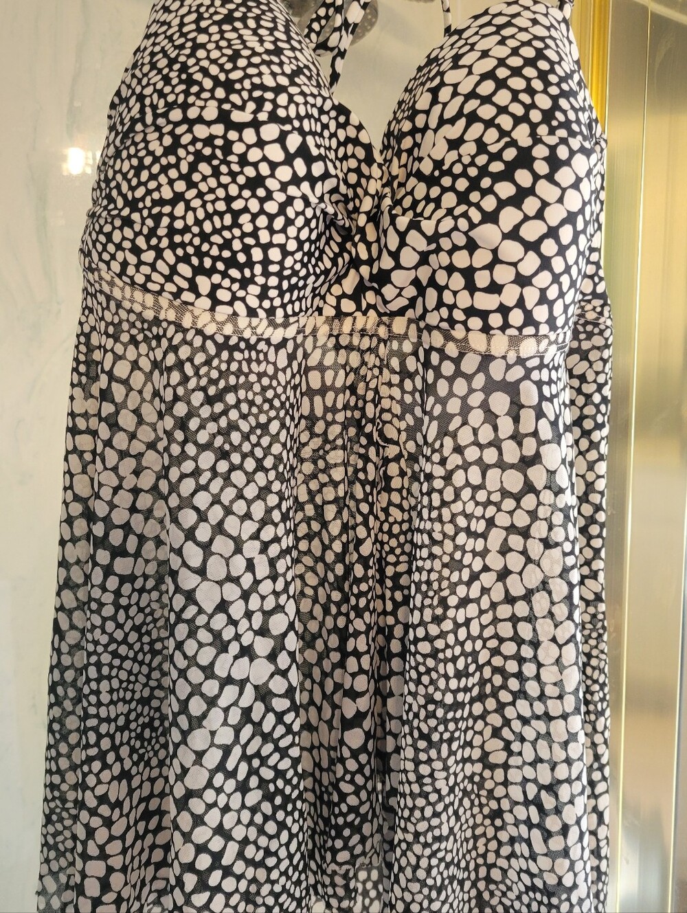 This is a black and white abstract pebble-print Merona halter tankini top with a